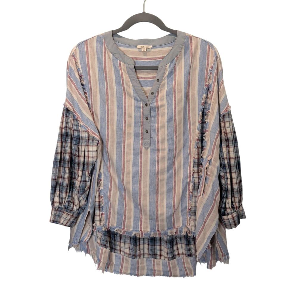 Oli & Hali Womens Oversize Henley Top Plaid Mixed Media Distressed Popover Boho